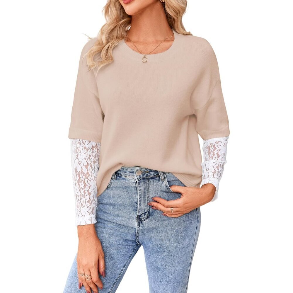 Women's Lace Long Sleeve Sweater Knit Top Casual Crewneck Ribbed Soft